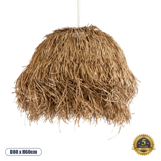 GloboStar® GUADELOUPE 02158 Boho Κρεμαστό Φωτιστικό Οροφής Μονόφωτο 1 x E27 AC220-240V IP20 - Φ80 x Υ60cm - Μπεζ Φυσική Ράφια Νήμα Πλέγμα Καμπάνα