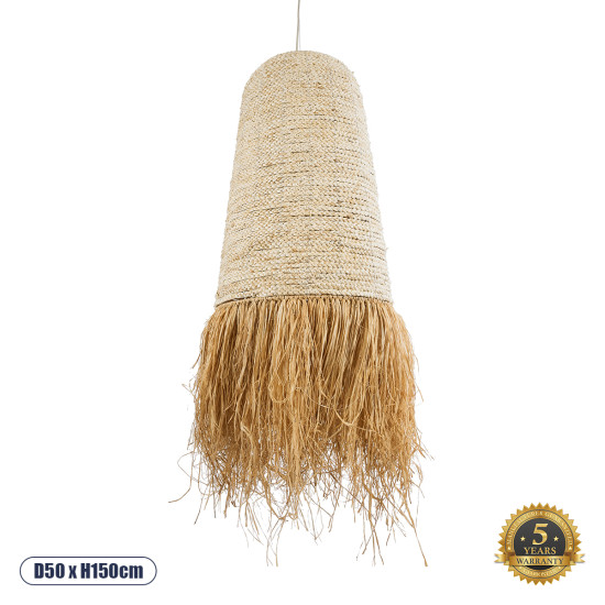 GloboStar® LETA 02171 Boho Κρεμαστό Φωτιστικό Οροφής Μονόφωτο 1 x E27 AC220-240V IP20 - Φ50 x Υ150cm - Μπεζ Φυσική Ράφια Νήμα Πλέγμα Καμπάνα