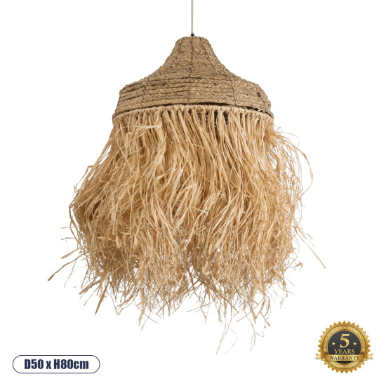 GloboStar® PORTOFERRAIO 02185 Boho Κρεμαστό Φωτιστικό Οροφής Μονόφωτο 1 x E27 AC220-240V IP20 - Φ50 x Υ80cm - Μπεζ με Καφέ Φυσική Ράφια Νήμα Πλέγμα Καμπάνα