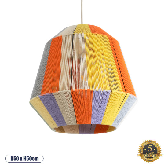 GloboStar® SALERNO 02188 Boho Κρεμαστό Φωτιστικό Πλέγμα Μονόφωτο 1 x E27 IP20 Πολύχρωμο Σχοινί - Μ50 x Π50 x Υ50cm