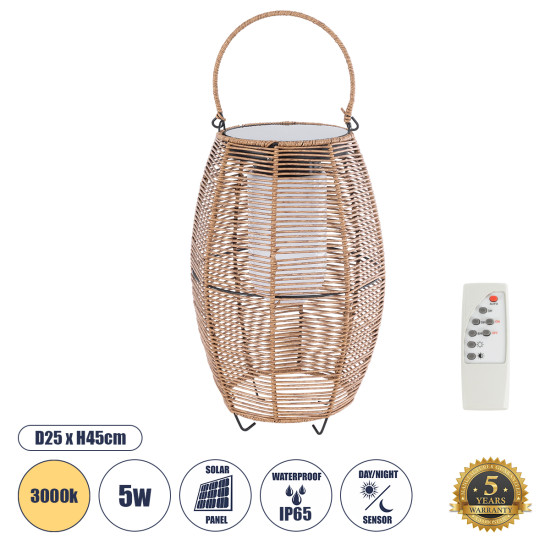 GloboStar® HESPELER 02305 Boho Αυτόνομο Ηλιακό Κρεμαστό/Επιτραπέζιο Φωτιστικό Φαναράκι LED SMD 5W 200lm - Φ25 x Υ45cm - με Ενσωματωμένη Μπαταρία 600mAh - Φωτοβολταϊκό Πάνελ και Αισθητήρα Ημέρας-Νύχτας με Ασύρματο Χειριστήριο IR Μπεζ Μπαμπού Αδιάβροχο IP65