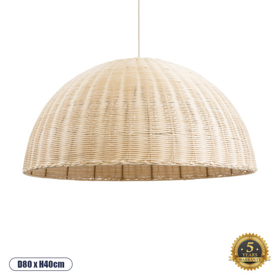 GloboStar® MONTANA 02379 Boho Κρεμαστό Φωτιστικό Καμπάνα Μονόφωτο 1 x E27 IP20 Μπεζ Ξύλο - Μ80 x Π80 x Υ40cm