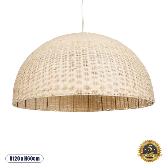 GloboStar® MONTANA 02380 Boho Κρεμαστό Φωτιστικό Οροφής Μονόφωτο 1 x E27 AC220-240V IP20 - Φ120 x Υ60cm - Μπεζ Μπαμπού Πλέγμα Καμπάνα