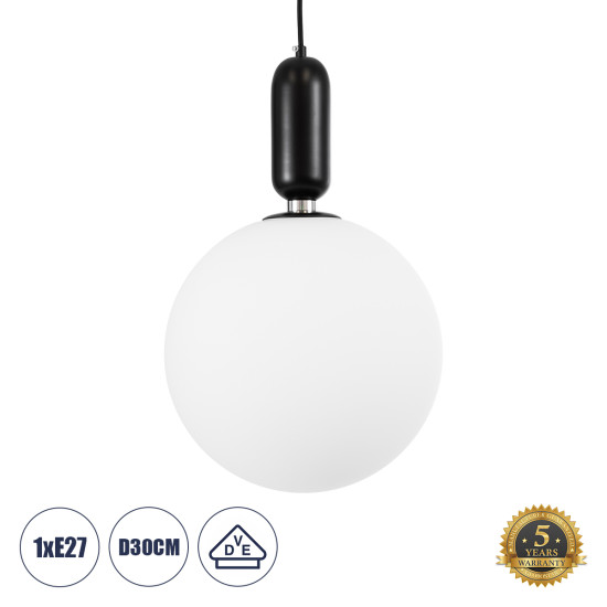 GloboStar® ESTETICO 61496 Μοντέρνο Κρεμαστό Φωτιστικό Μπάλα Μονόφωτο 1 x E27 IP20 Λευκό Γυαλί με Μαύρο Μέταλλο - Μ30 x Π30 x Υ48cm