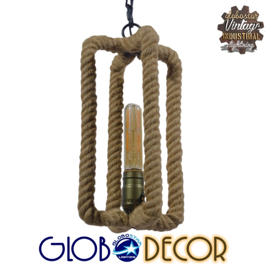 GloboStar® ELDORA 10001014 Vintage Industrial Κρεμαστό Φωτιστικό Οροφής Μονόφωτο 1 x E27 Μαύρο Μεταλλικό με Μπεζ Σχοινί Φ13 x Y30cm