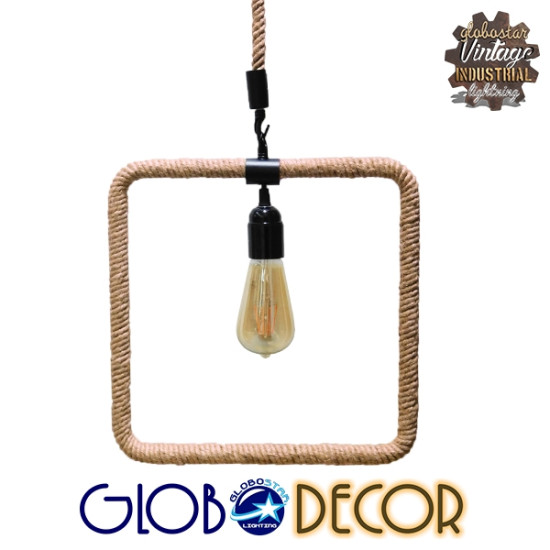 GloboStar® MALVERN 10001240 Vintage Κρεμαστό Φωτιστικό Ανάρτηση Μονόφωτο 1 x E27 IP20 Μαύρο Μέταλλο με Μπεζ Σχοινί - Μ33 x Π22 x Υ33cm