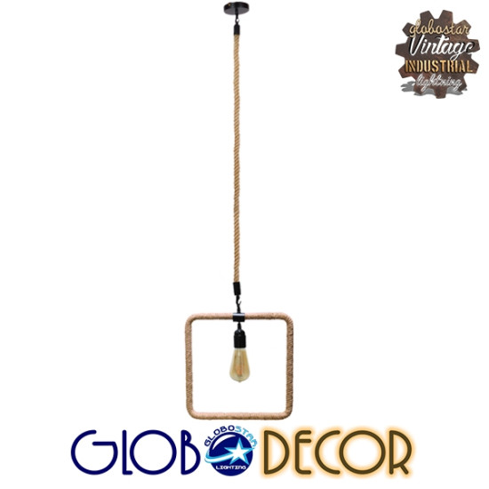 GloboStar® MALVERN 10001240 Vintage Industrial Κρεμαστό Φωτιστικό Οροφής Μονόφωτο 1 x E27 Μαύρο Μεταλλικό με Μπεζ Σχοινί Μ33 x Π22 x Υ33cm