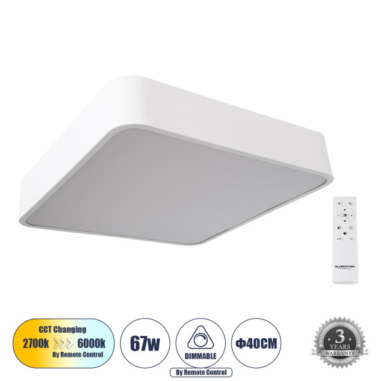 GloboStar® KAMALA 61207-S Πλαφονιέρα Οροφής LED CCT 67W 7370lm 120° AC 220-240V - Εναλλαγή Φωτισμού μέσω Τηλεχειριστηρίου All In One Ψυχρό 6000k+Φυσικό 4500k+Θερμό 2700k Dimmable Μ40 x Π40 x Υ8cm - Λευκό - 3 Years Warranty