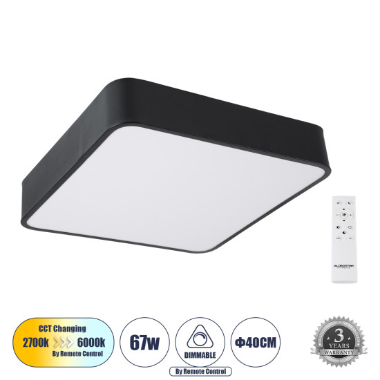 GloboStar® KAMALA 61206-S Πλαφονιέρα Οροφής LED CCT 67W 7370lm 120° AC 220-240V - Εναλλαγή Φωτισμού μέσω Τηλεχειριστηρίου All In One Ψυχρό 6000k+Φυσικό 4500k+Θερμό 2700k Dimmable Μ40 x Π40 x Υ8cm- Μαύρο - 3 Years Warranty