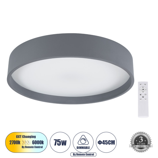 GloboStar® NARNIA 61258 Πλαφονιέρα Οροφής LED CCT 75W 8625lm 120° AC 220-240V - Εναλλαγή Φωτισμού μέσω Τηλεχειριστηρίου All In One Ψυχρό 6000k+Φυσικό 4500k+Θερμό 2700k Dimmable Φ45 x Υ8cm - Γκρι Ανθρακί - 3 Years Warranty