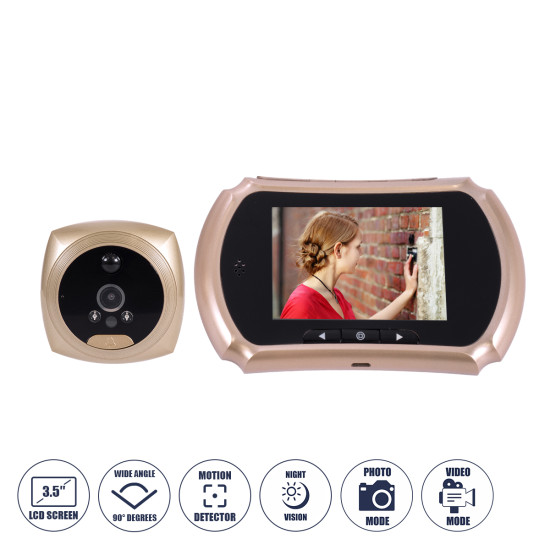 GloboStar® 86066 Επαναφορτιζόμενη Ψηφιακή Έξυπνη Camera Εξώπορτας 90° Μοιρών με Έγχρωμη Οθόνη 3.5" Inches - USB - Νυχτερινή Όραση με LED IR - Κουδούνι - Χρυσό