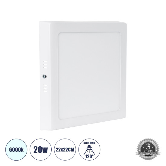 GloboStar® 60203 Εξωτερικό LED Panel 22x22cm 20W 2180lm 120° AC 220-240V IP20 Μ22 x Π22 x Υ3cm Ψυχρό Λευκό 6000K - 3 Χρόνια Εγγύηση