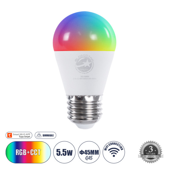 GloboStar® 60489 Έξυπνη Λάμπα LED E27 G45 Γλομπάκι Smart Home Wifi 5.5W 550lm 260° AC 220-240V IP20 Φ4.5 x Υ8.8cm RGB+CCT - Εναλλαγή Φωτισμού & Dimming μέσω Εφαρμογής Tuya - Bridgelux Chip - 3 Χρόνια Εγγύηση