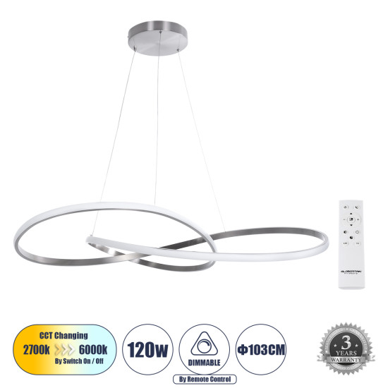 GloboStar® DEXTER 60919 Κρεμαστό Φωτιστικό Οροφής Design LED CCT 120W 13440lm 300° AC 220-240V - Εναλλαγή Φωτισμού μέσω Τηλεχειριστηρίου All In One Ψυχρό 6000k+Φυσικό 4500k+Θερμό 2700k Dimmable Φ103cm - Νίκελ Βούρτσας - 3 Years Warranty