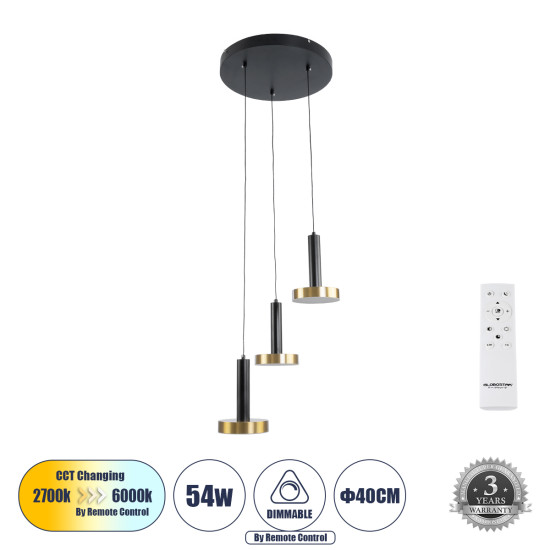 GLOBOSTAR® ZANE 60934 Κρεμαστό Φωτιστικό Design LED CCT 54W 6048lm 120° AC 220-240V IP20 - Εναλλαγή Φωτισμού μέσω Τηλεχειριστηρίου All In One Ψυχρό 6000k+Φυσικό 4500k+Θερμό 2700k Dimmable - Φ40 x Υ20cm - Μαύρο & Χρυσό - 3 Χρόνια Εγγύηση