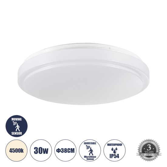 GloboStar® SENSORANO 60995 Πλαφονιέρα Οροφής LED 30W 3000lm 120° AC 220-240V με Ενσωματωμένο Σύστημα Ρυθμιζόμενου Microwave Αισθητήρα Κίνησης - Αδιάβροχη IP54 Φ38 x Υ5.3cm Φυσικό Λευκό 4500K - Λευκό - Bridgelux Chips - 3 Years Warranty