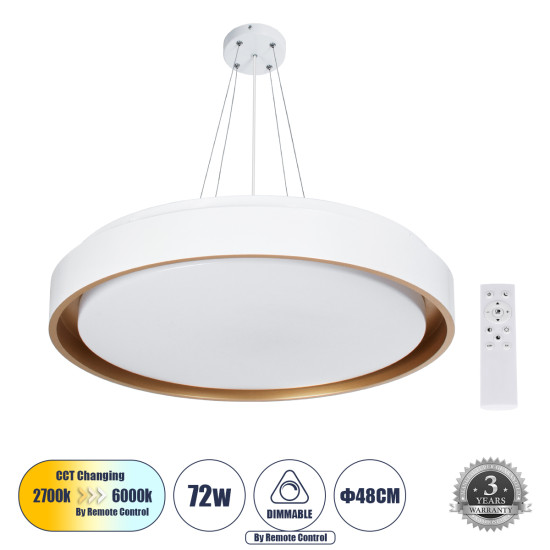 GloboStar® BARCHETTA 61048-P Κρεμαστή Πλαφονιέρα Οροφής LED CCT 72W 8306lm 120° AC 220-240V - Εναλλαγή Φωτισμού μέσω Τηλεχειριστηρίου All In One Ψυχρό 6000k+Φυσικό 4500k+Θερμό 2700k Dimmable Φ48cm - Λευκό με Χρυσό - 3 Years Warranty