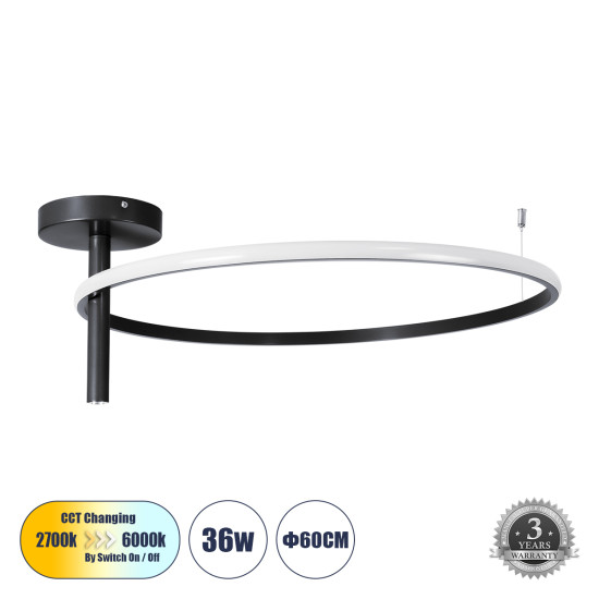 GloboStar® VERONA 61223 Φωτιστικό Οροφής Δαχτυλίδι-Κύκλος LED CCT 36W 4032lm 360° AC 220-240V - Εναλλαγή Φωτισμού μέσω Διακόπτη On/Off All In One Ψυχρό 6000k+Φυσικό 4500k+Θερμό 2700K Φ60 x Υ23cm - Μαύρο - 3 Χρόνια Εγγύηση