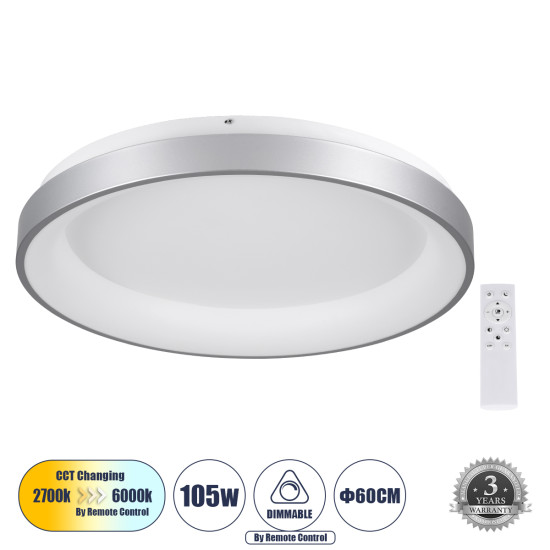 GloboStar® SALEM 61238 Πλαφονιέρα Οροφής Δαχτυλίδι-Κύκλος LED CCT 105W 12075lm 120° AC 220-240V - Εναλλαγή Φωτισμού μέσω Τηλεχειριστηρίου All In One Ψυχρό 6000k+Φυσικό 4500k+Θερμό 2700k Dimmable Φ60cm - Ασημί - 3 Years Warranty