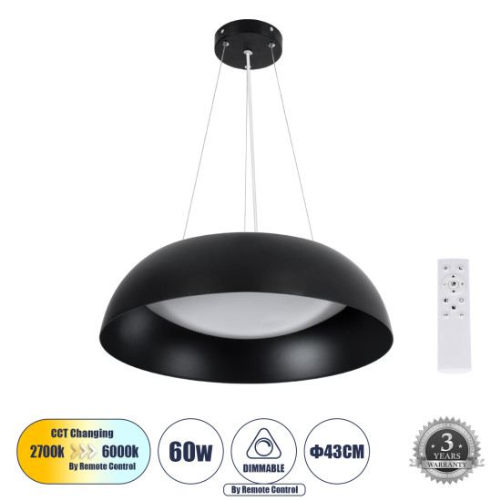 GloboStar® ANATOLIA 61267 Κρεμαστή Πλαφονιέρα Οροφής LED CCT 60W 6900lm 120° AC 220-240V - Εναλλαγή Φωτισμού μέσω Τηλεχειριστηρίου All In One Ψυχρό 6000k+Φυσικό 4500k+Θερμό 2700k Dimmable Φ43cm - Μαύρο - 3 Years Warranty