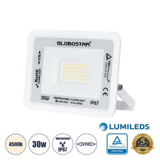 GloboStar® ATLAS 61414 Επαγγελματικός Προβολέας LED 30W 3600lm 120° AC 220-240V - Αδιάβροχος IP67 - Μ16 x Π2.5 x Υ12.5cm - Λευκό - Φυσικό Λευκό 4500K - LUMILEDS Chips - TÜV Rheinland Certified - 5 Years Warranty