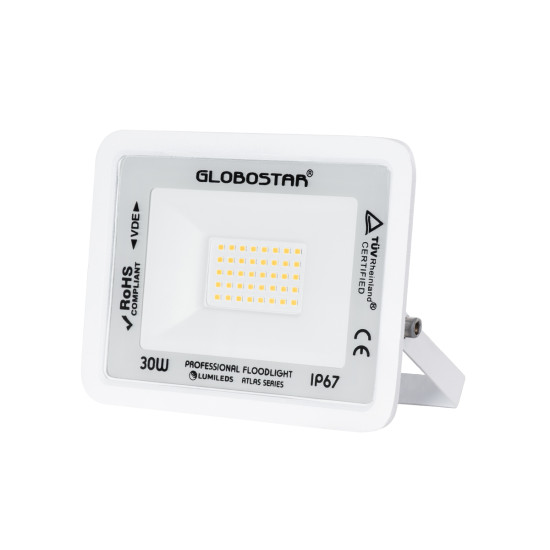 GloboStar® ATLAS 61415 Επαγγελματικός Προβολέας LED 30W 3450lm 120° AC 220-240V - Αδιάβροχος IP67 - Μ16 x Π2.5 x Υ12.5cm - Λευκό - Θερμό Λευκό 2700K - LUMILEDS Chips - TÜV Rheinland Certified - 5 Years Warranty