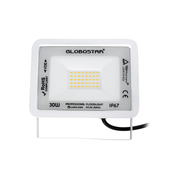 GloboStar® ATLAS 61415 Επαγγελματικός Προβολέας LED 30W 3450lm 120° AC 220-240V - Αδιάβροχος IP67 - Μ16 x Π2.5 x Υ12.5cm - Λευκό - Θερμό Λευκό 2700K - LUMILEDS Chips - TÜV Rheinland Certified - 5 Years Warranty