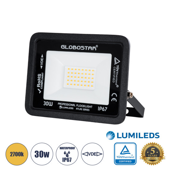 GloboStar® ATLAS 61418 Επαγγελματικός Προβολέας LED 30W 3450lm 120° AC 220-240V - Αδιάβροχος IP67 - Μ16 x Π2.5 x Υ12.5cm - Μαύρο - Θερμό Λευκό 2700K - LUMILEDS Chips - TÜV Rheinland Certified - 5 Years Warranty