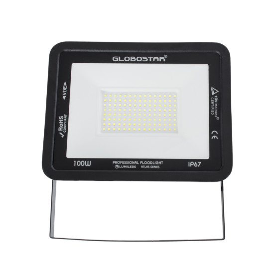 GloboStar® ATLAS 61425 Επαγγελματικός Προβολέας LED 100W 12500lm 120° AC 220-240V - Αδιάβροχος IP67 - Μ27 x Π4 x Υ21cm - Μαύρο - Ψυχρό Λευκό 6000K - LUMILEDS Chips - TÜV Rheinland Certified - 5 Years Warranty