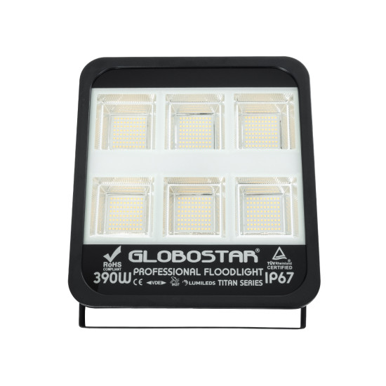 GloboStar® TITAN 61435 Επαγγελματικός Προβολέας για Γήπεδα Tennis & Ποδοσφαίρου 5x5 LED 390W 48750lm 60°x90° FishEye AC 220-240V - Αδιάβροχος IP67 - Μ32 x Π8 x Υ35cm - Μαύρο - Φυσικό Λευκό 5000K - LUMILEDS Chips - TÜV Rheinland Certified - 5 Χρόνια Εγγύησ