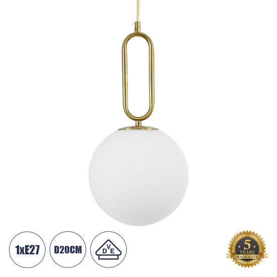 GloboStar® BELLISSIMO 61486 Μοντέρνο Κρεμαστό Φωτιστικό Οροφής Μονόφωτο 1 x E27 Γαλακτερή Γυάλινη Μπάλα με Μεταλλικό Επιχρυσωμενό Πλατίνα Σώμα Φ20 x Υ42cm