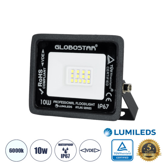 GloboStar® ATLAS 61515 Επαγγελματικός Προβολέας LED 10W 1250lm 120° AC 220-240V - Αδιάβροχος IP67 - Μ10 x Π2 x Υ8cm - Μαύρο - Ψυχρό Λευκό 6000K - LUMILEDS Chips - TÜV Rheinland Certified - 5 Χρόνια Εγγύηση