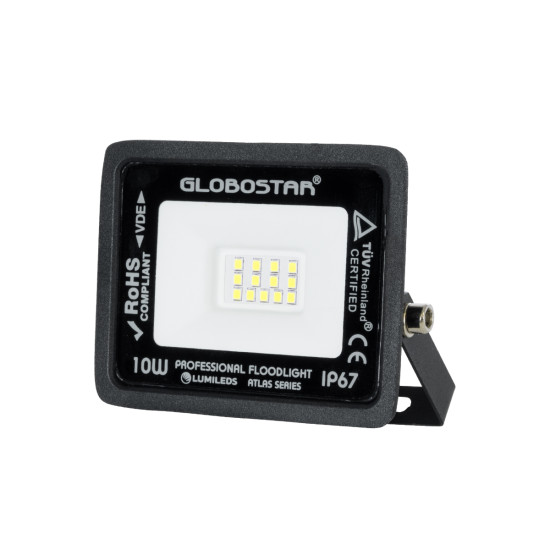 GloboStar® ATLAS 61515 Επαγγελματικός Προβολέας LED 10W 1250lm 120° AC 220-240V - Αδιάβροχος IP67 - Μ10 x Π2 x Υ8cm - Μαύρο - Ψυχρό Λευκό 6000K - LUMILEDS Chips - TÜV Rheinland Certified - 5 Χρόνια Εγγύηση