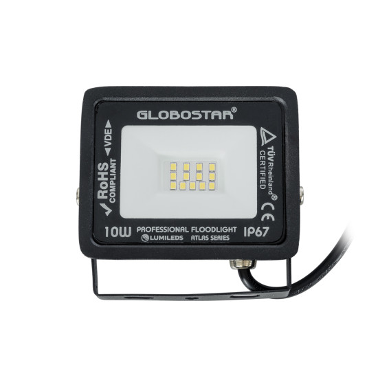 GloboStar® ATLAS 61515 Επαγγελματικός Προβολέας LED 10W 1250lm 120° AC 220-240V - Αδιάβροχος IP67 - Μ10 x Π2 x Υ8cm - Μαύρο - Ψυχρό Λευκό 6000K - LUMILEDS Chips - TÜV Rheinland Certified - 5 Χρόνια Εγγύηση