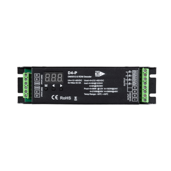 GloboStar® 70669 D4-P SKYDANCE DC DMX & RDM Dimmer High Speed Controller / Decoder 4 Καναλιών DC 12-48V 4 x 8A 384W - Max 32.5A 1152W - IP20 Μ17.5 x Π4.5 x Υ2.8cm - 5 Years Warranty