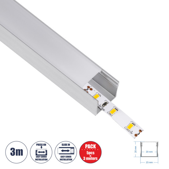 GloboStar® 70867-3M Επιφανειακό Προφίλ Αλουμινίου Ανοδιωμένο με Λευκό Οπάλ Κάλυμμα για έως 2 Σειρές Ταινίας LED Πατητό - Press On Πακέτο 5 Τεμάχια των 3 Μέτρων