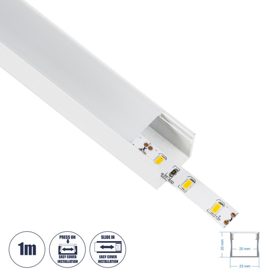 GloboStar® 70868-1M Επιφανειακό Προφίλ Αλουμινίου Λευκό με Λευκό Οπάλ Κάλυμμα για έως 2 Σειρές Ταινίας LED Πατητό - Press On 1 Μέτρο