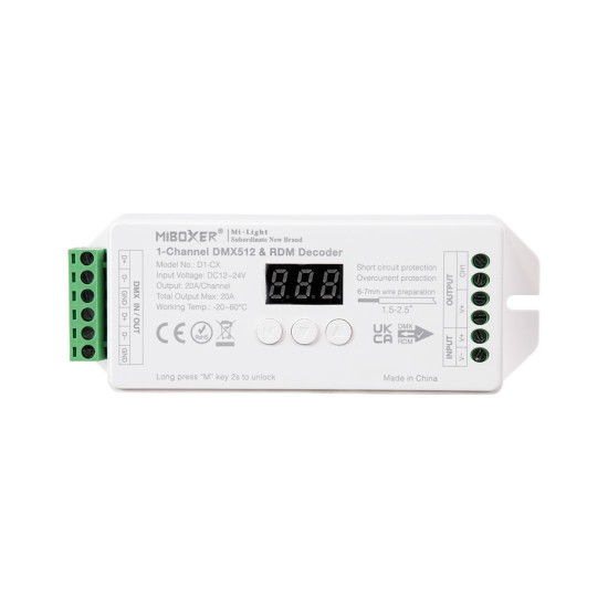 GloboStar® 71424 D1-CX Mi-BOXER DC DMX & RDM Dimmer High Speed Controller / Decoder 1 Καναλιού DC 12-24V 1 x 20A 480W - Max 20A 480W - IP20 Μ13 x Π5 x Υ2.5cm - 5 Years Warranty