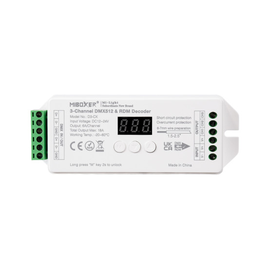 GloboStar® 71425 D3-CX Mi-BOXER DC DMX & RDM Dimmer High Speed Controller / Decoder 3 Καναλιών DC 12-24V 3 x 6A 144W - Max 18A 432W - IP20 Μ13 x Π5 x Υ2.5cm - 5 Years Warranty