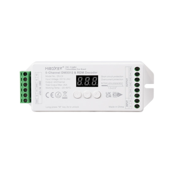 GloboStar® 71426 D5-CX Mi-BOXER DC DMX & RDM Dimmer High Speed Controller / Decoder 5 Καναλιών DC 12-24V 5 x 4A 96W - Max 20A 480W - IP20 Μ13 x Π5 x Υ2.5cm - 5 Years Warranty