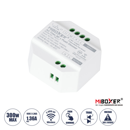 GloboStar® 71432 TRI-C1 Mi-BOXER AC Triac & RF 2.4Ghz & Push Dimmer 1 Καναλιού AC 100-240V 1 x 1.36A 300W - Max 1.36A 300W - IP20 Μ5 x Π5 x Υ2.3cm - 5 Years Warranty