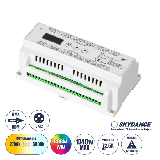 GloboStar® 71450 D24 SKYDANCE DC DMX & RDM Dimmer Din Rail Ράγας High Speed Controller / Decoder 24 Καναλιών AC 12-24V 24 x 3A 72W - Max 72.5A 1740W - IP20 Μ16 x Π9 x Υ6cm - 5 Years Warranty