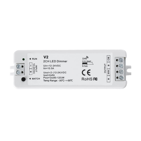 GloboStar® 71564 V2 SKYDANCE DC RF 2.4Ghz Dimmer High Speed Controller 2 Καναλιών DC 12-24V 2 x 5A 120W - Max 10.5A 252W - IP20 Μ10 x Π3.5 x Υ2cm - 5 Years Warranty