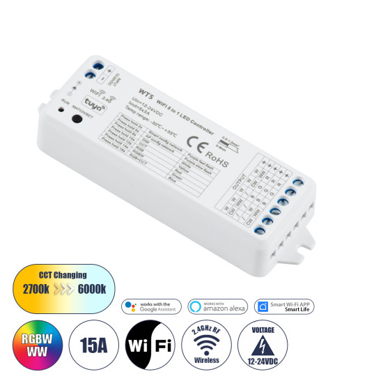 GloboStar® 73010 Ασύρματος WiFi LED RGBW+WW+CCT Controller IOS/Android 5in1 2.4Ghz DC 12-24V Max 180W