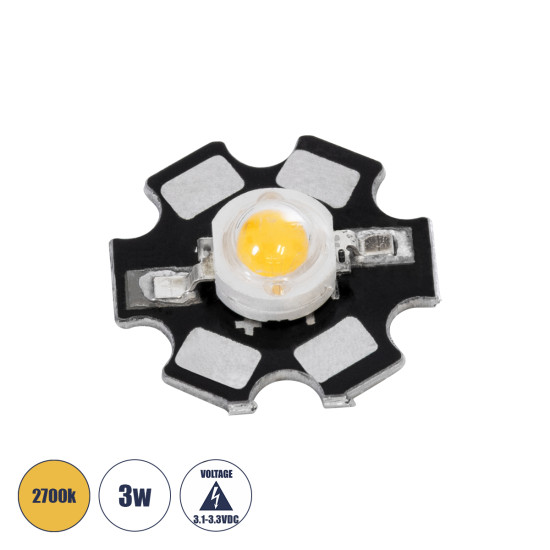 GloboStar® 73744 High Power Star LED - Υψηλής Ισχύος Star LED 3W DC 3.2V Θερμό Λευκό 2700K Φ2 x Υ0.6cm - 2 Χρόνια Εγγύηση