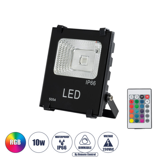 GloboStar® MULTICOLOR 75600 Επαγγελματικός Προβολέας LED 10W 650lm 120° AC 220-240V Αδιάβροχος IP66 με Ασύρματο Χειριστήριο IR - RGB - Μ11 x Π4 x Υ13.5cm - 3 Χρόνια Εγγύηση