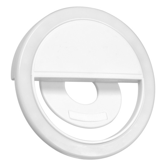 GloboStar® 79042 Selfie Ring Light LED SMD 2W 200 lm Λευκό Σώμα με Ενσωματωμένη Επαναφορτιζόμενη Μπαταρία 500mAh & Καλώδιο Φόρτισης Micro USB Ψυχρό Λευκό 6000 K για Κινητό Τηλέφωνο και Tablet Φ8.5 x Υ2.5cm