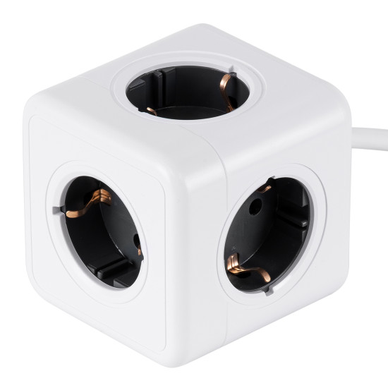 GloboStar® TRAVEL PowerCube PRO Certified 79644 Πολύπριζο 5 Θέσεων με 1.5m Kαλώδιο - 5 Πρίζες Ασφαλείας Childproof EU Schuko AC 220-240V Μ7.5 x Π7.5 x Υ7.5 - Λευκό με Γκρι - Max Load 3680W/16A