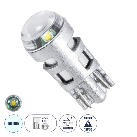 GloboStar® T10 W5W 81101 Λάμπα Αυτοκινήτου LED  3rd Generation Can-Bus Extreme Series 1xCREE-XPE 5W 350lm 120° DC 12-16V IP20 Φ1 x Υ2.5cm Ψυχρό Λευκό 6000K