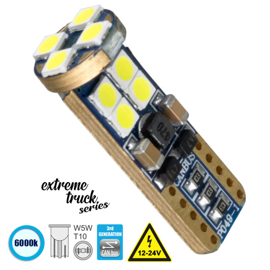 GloboStar® T10 W5W 81102 Λάμπα Αυτοκίνητου  3rd Generation Can-Bus Extreme Truck Series LED 12 SMD 3030 6W 900lm 360° DC 12-24V IP20 Ψυχρό Λευκό 6000K